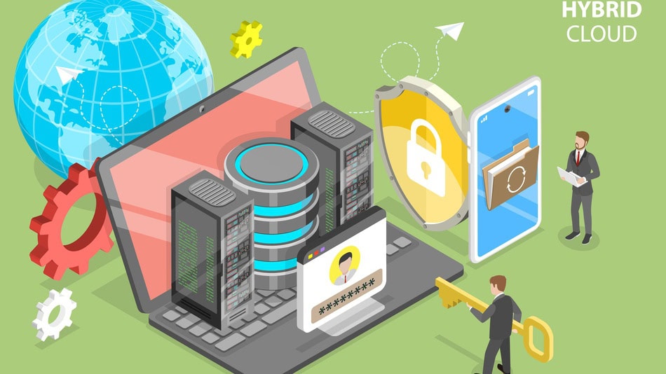 Ilustración concepto de nube híbrida un tipo de cloud computing